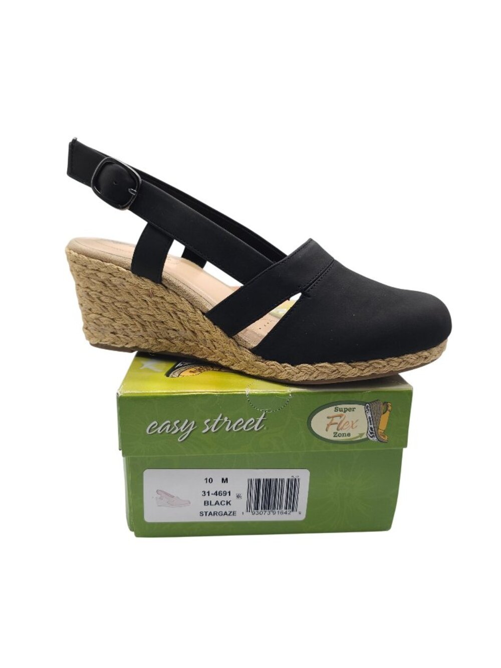 Easy Street Womens Stargaze Black Wedge Sandals With Super Flex Zone Size 10 M